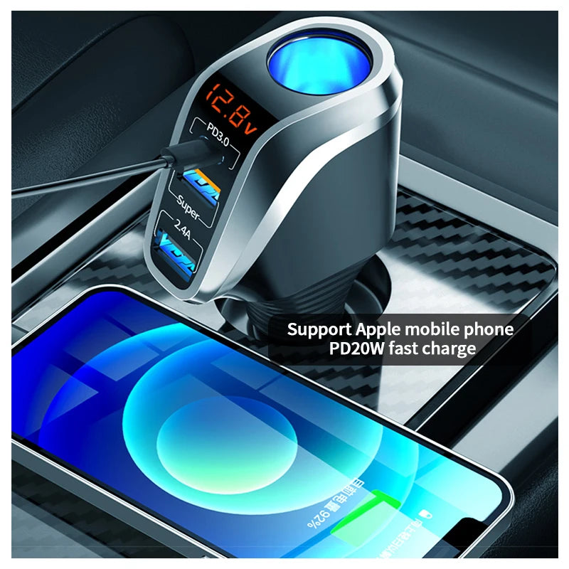 SEAMETAL 66W Car Charger PD20W QC3.0 Port USB Type Fast Charging Phone Charger 12V/24V Universal Cigarette Lighter Power Adapter