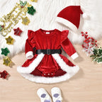 VISgogo 0-18 Months Baby Girls Christmas Velvet Romper Dress Terry Trim Long Sleeve Jumpsuit Santa Hat Adorable Fall Outfits