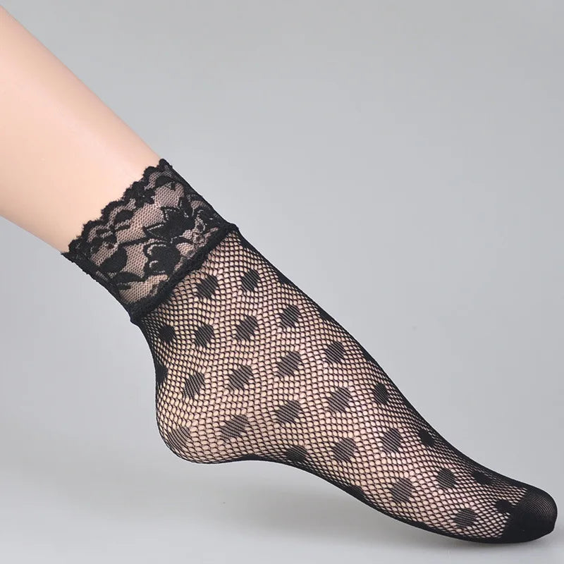 6-Pair /Set Summer Black White Sexy Lace Socks Thin Hollow Jacquard Fishing Net Short Stockings