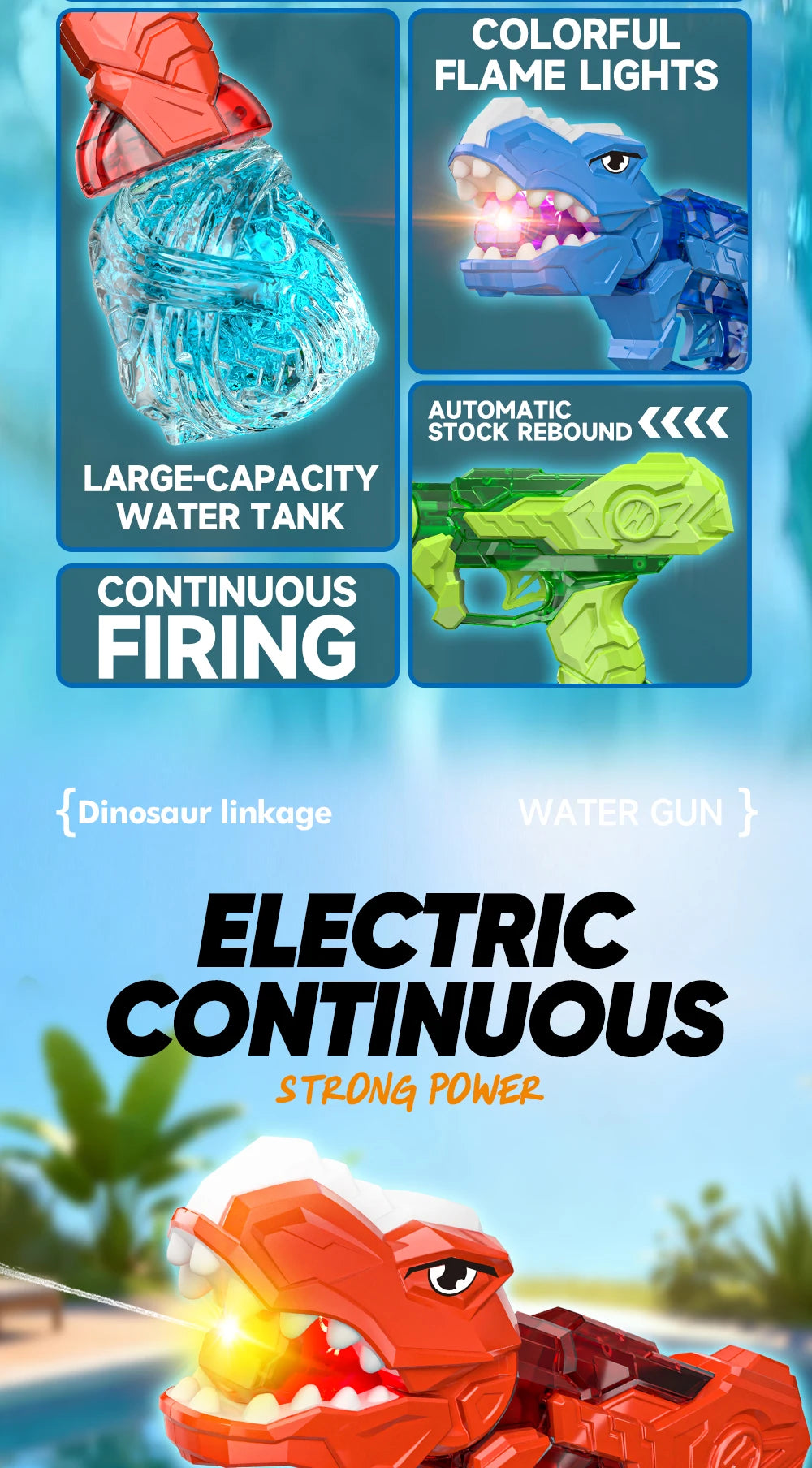 Electric Dinosaur Water Gun With LED Light Up Continuous Shooting Up to 8M Range Summer Pool Beach Toy for Kids Boys Girls