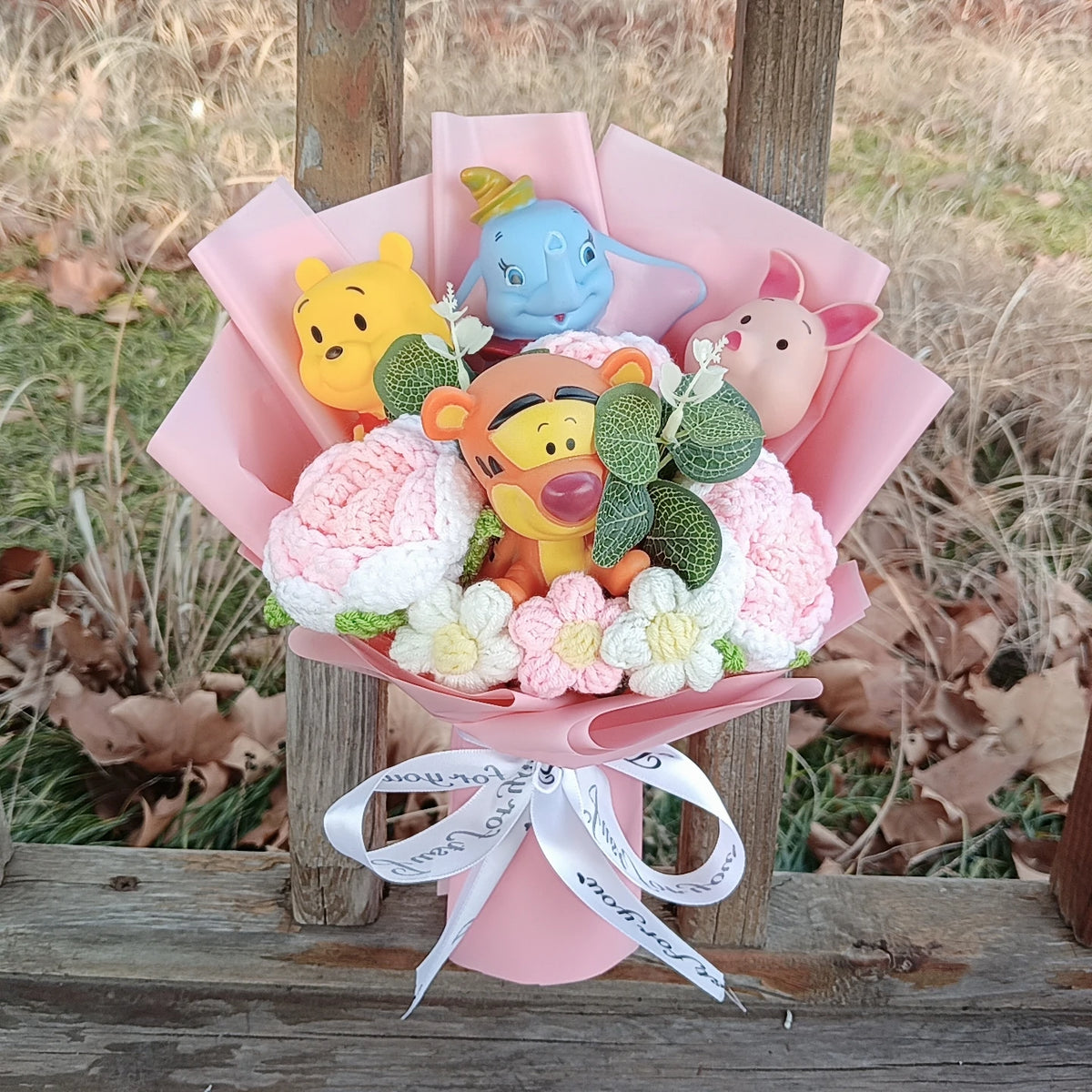 Anime Winnie the Pooh Pig Elephant Handmade Flower Bouquet Plush Doll Wedding Graduation Valentine Christmas Birthday Gifts