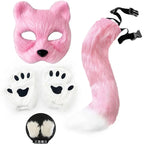 Faux Fur Fox Tail Cat Wolf Cosplay Costume Set with Plush Mask Fluffy Paw Gloves for Halloween And Christmas Party Accessories
