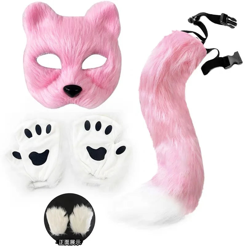 Faux Fur Fox Tail Cat Wolf Cosplay Costume Set with Plush Mask Fluffy Paw Gloves for Halloween And Christmas Party Accessories
