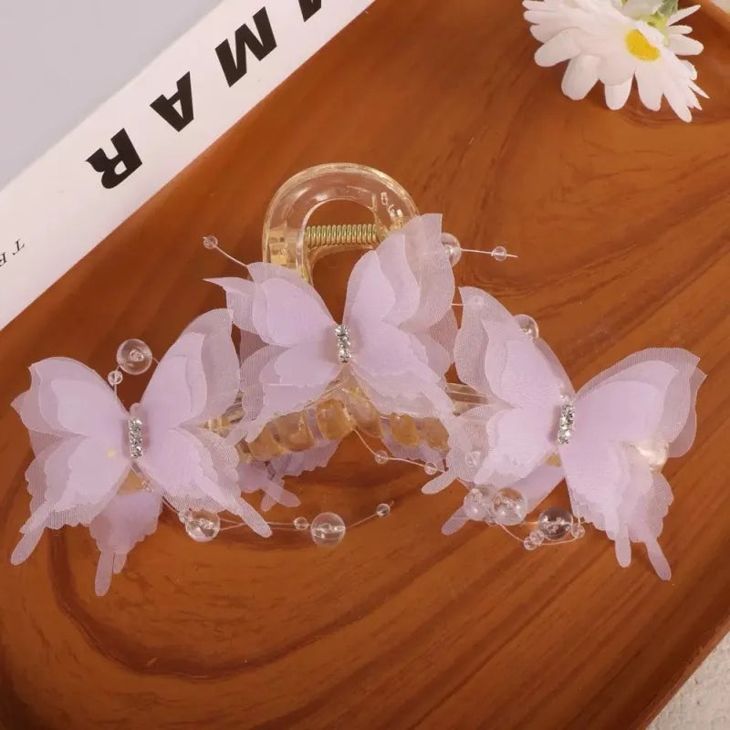 Light Blue/Pink Sheer Butterfly Claw Clip | Pearl Rhinestone Fairycore Hair Grabber | Elegant Romantic Hair Accessory