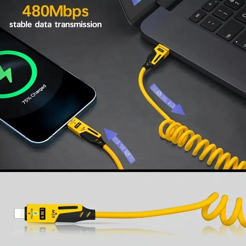 4 in 1 65W Spring Short Data Cable 6A USB Type C Spring Telescopic Quick Charger Wire Spring USB Cable for iPhone 15 14 13 12