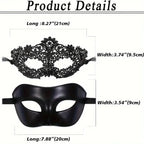 2pcs Elegant Black Lace Masquerade Mask Set for Couples - Perfect for Venetian Party, Mardi Gras, and Halloween Celebrations
