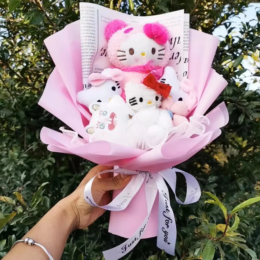 Hello Kitty Plush Bouquet with Rose Kawaii Anime Fluffy Stuffed Plush Doll Christmas Valentine's Day Holiday Birthday Gift