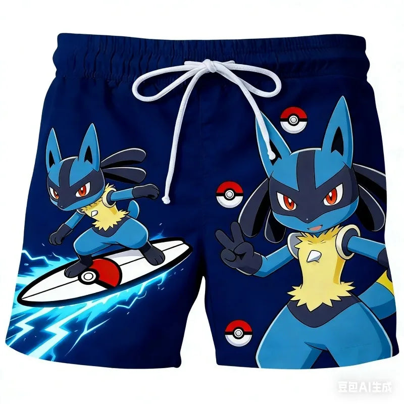 Pokemon Men's Beach Shorts 3D Print Anime Pikachu Gengar Board Shorts Summer Casual Trunks Elastic Waist Sports Shorts Men Boys