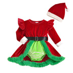 VISgogo 0-18 Months Baby Girls Christmas Velvet Romper Dress Terry Trim Long Sleeve Jumpsuit Santa Hat Adorable Fall Outfits