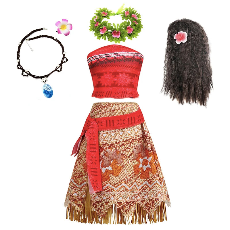 Moana Dress for Kids Girls Princess Vaiana Cosplay Carnival Children Birthday Party Headwear Necklace Pet Pig Chicken Set