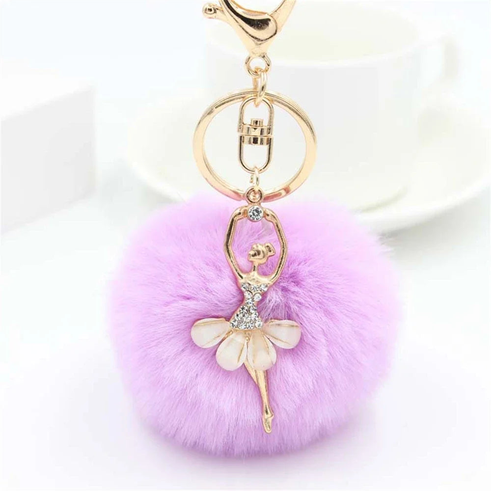 Fashion Rhinestone Ballet Dancer Keychain Cute Plush Ball Keyring for Women Girls Car Handbag Backpack Phone Pendant Accessories