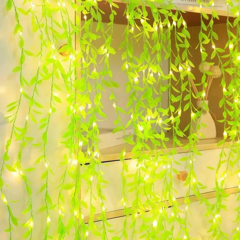 LED Green Leaf Fake Plant String Lights LED Battery Powered for Wall Room Office Birthday Home Bedroom Halloween Christmas Decor