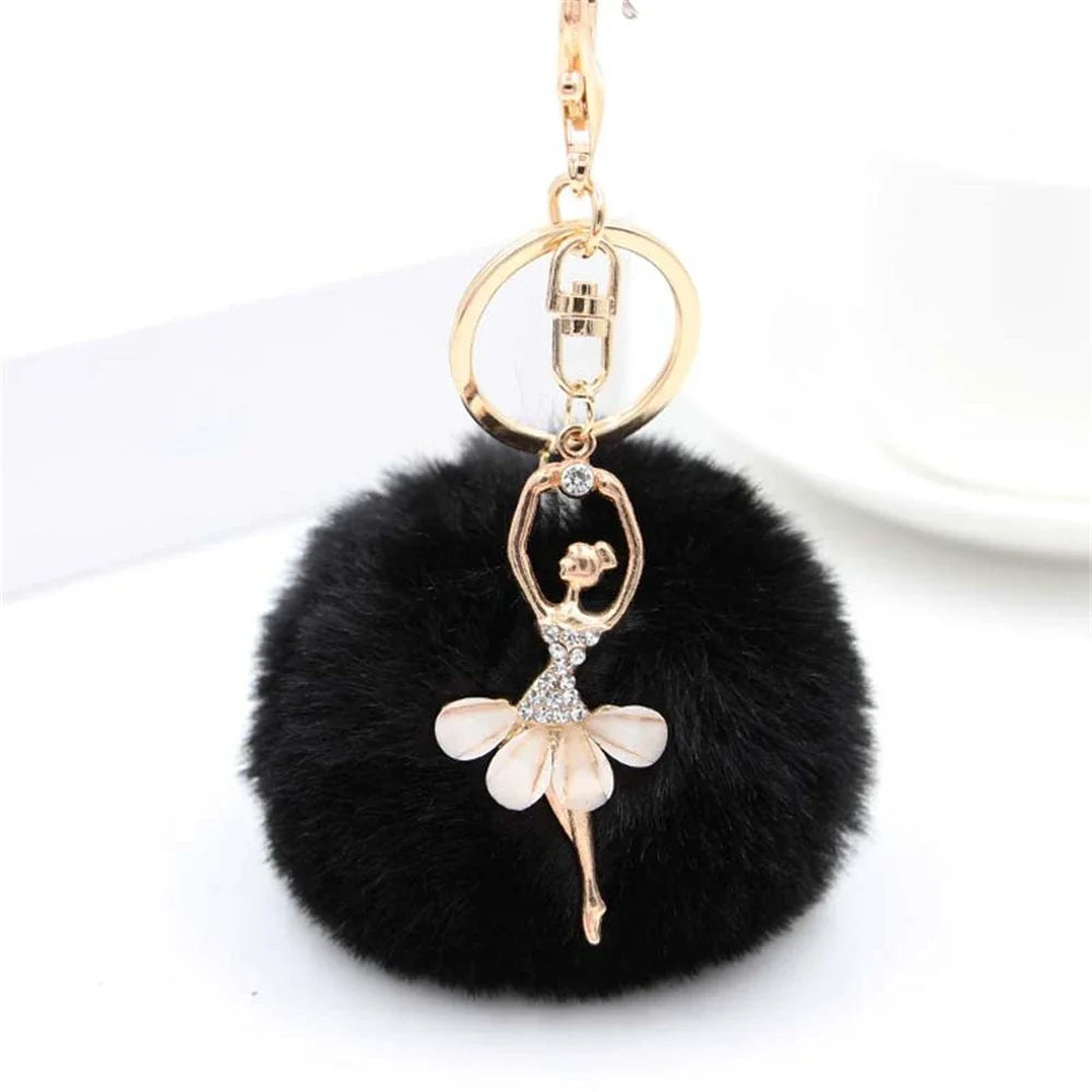 Fashion Rhinestone Ballet Dancer Keychain Cute Plush Ball Keyring for Women Girls Car Handbag Backpack Phone Pendant Accessories