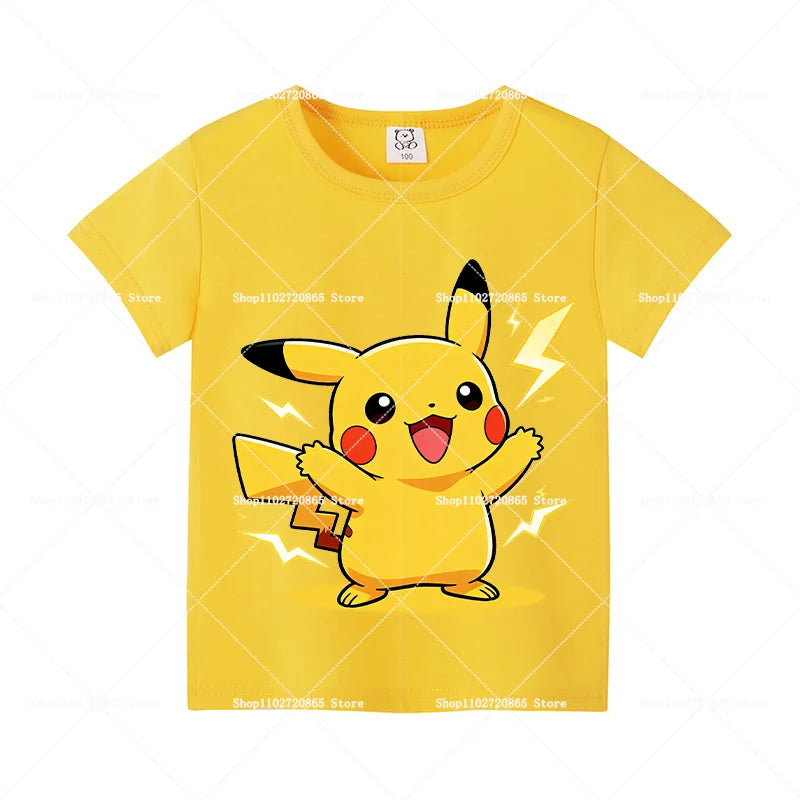 Pokemons Cotton T-Shirt Pikachu Eevee Cartoon Anime Tees Classic Game Fashion Printed Tops Summer Breathable Casual Clothes Gift