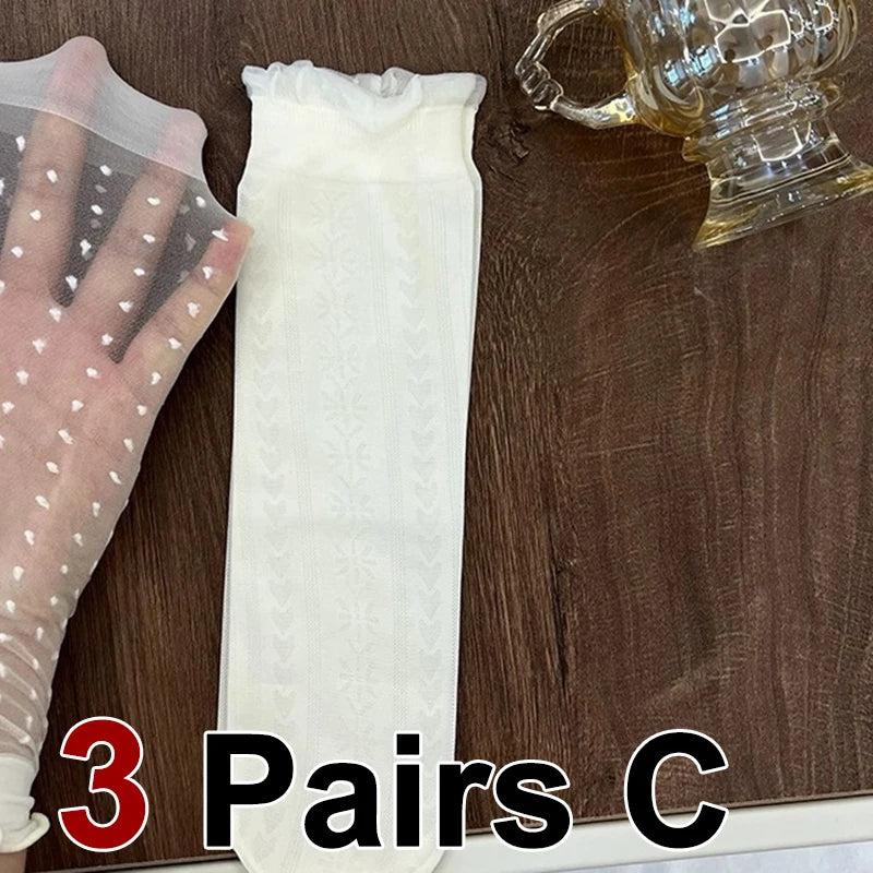3 Pair Summer Ultra-Thin Lace Mid Tube Socks Breathable Comfortable Fashionable Sweet Lace Lolita Style Pleated Side Casual Sock