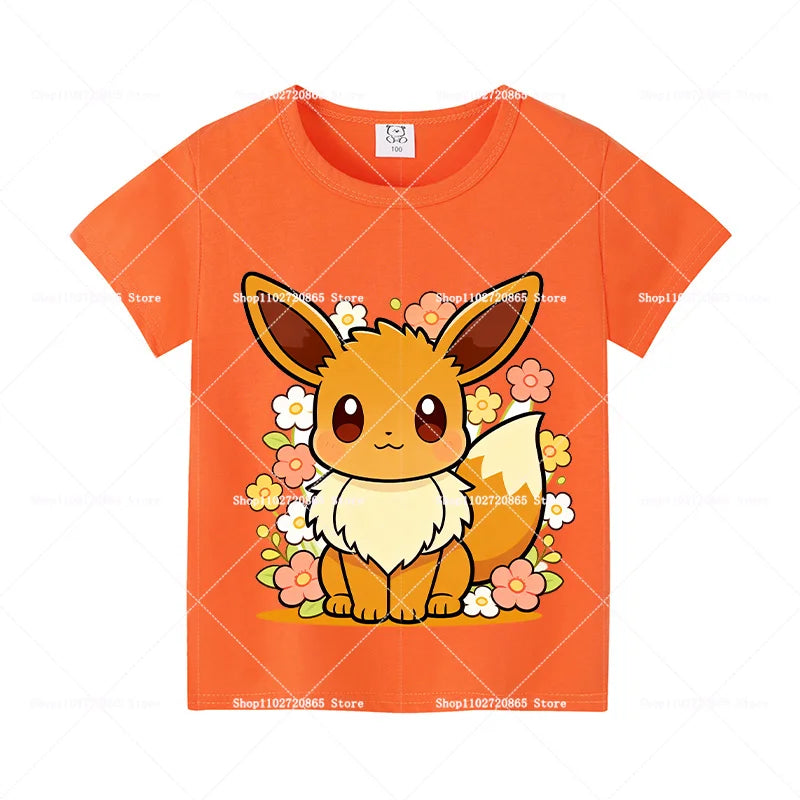 Pokemons Cotton T-Shirt Pikachu Eevee Cartoon Anime Tees Classic Game Fashion Printed Tops Summer Breathable Casual Clothes Gift