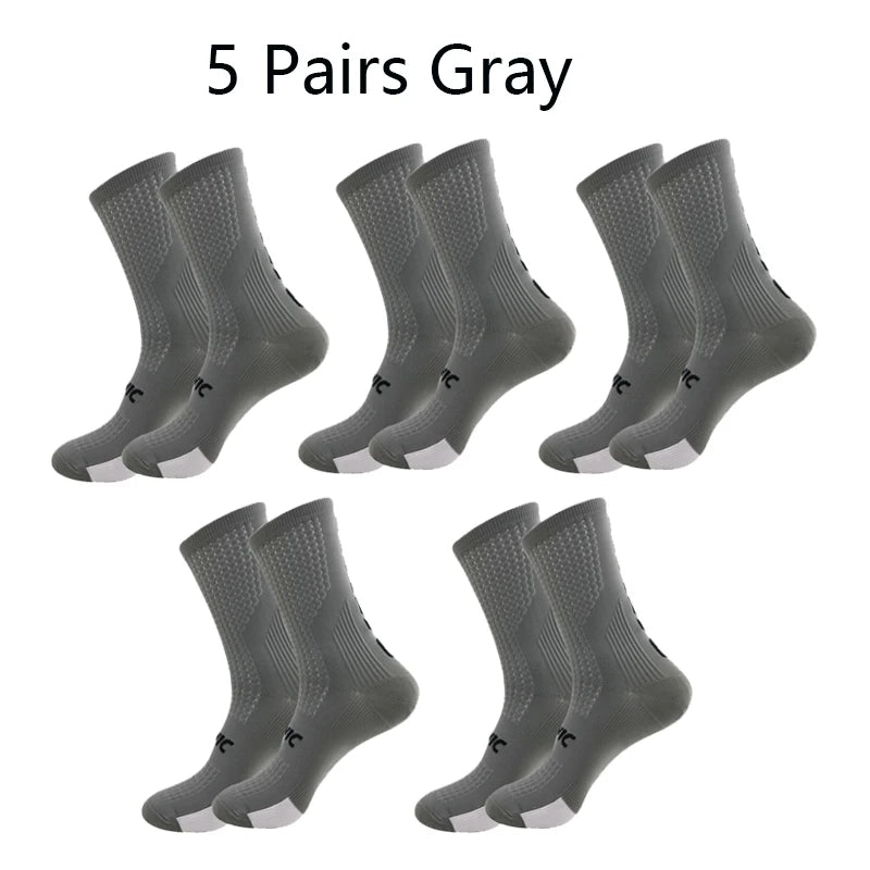 5 Pairs Cycling Socks Men Letter Breathable Bicycle Sport Running Socks Mid Tube Compression Outdoor Racing MTB Road Bike Socks
