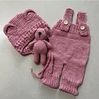 3pcs/sets Newborn Photography Clothing Hand-woven Romper Pants Bear Hat and Bear Dolls Decor Props Baby Photoshoot Outfits