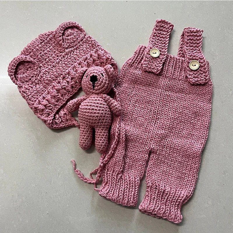 3pcs/sets Newborn Photography Clothing Hand-woven Romper Pants Bear Hat and Bear Dolls Decor Props Baby Photoshoot Outfits