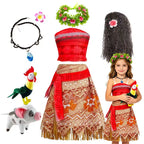 Moana Dress for Kids Girls Princess Vaiana Cosplay Carnival Children Birthday Party Headwear Necklace Pet Pig Chicken Set