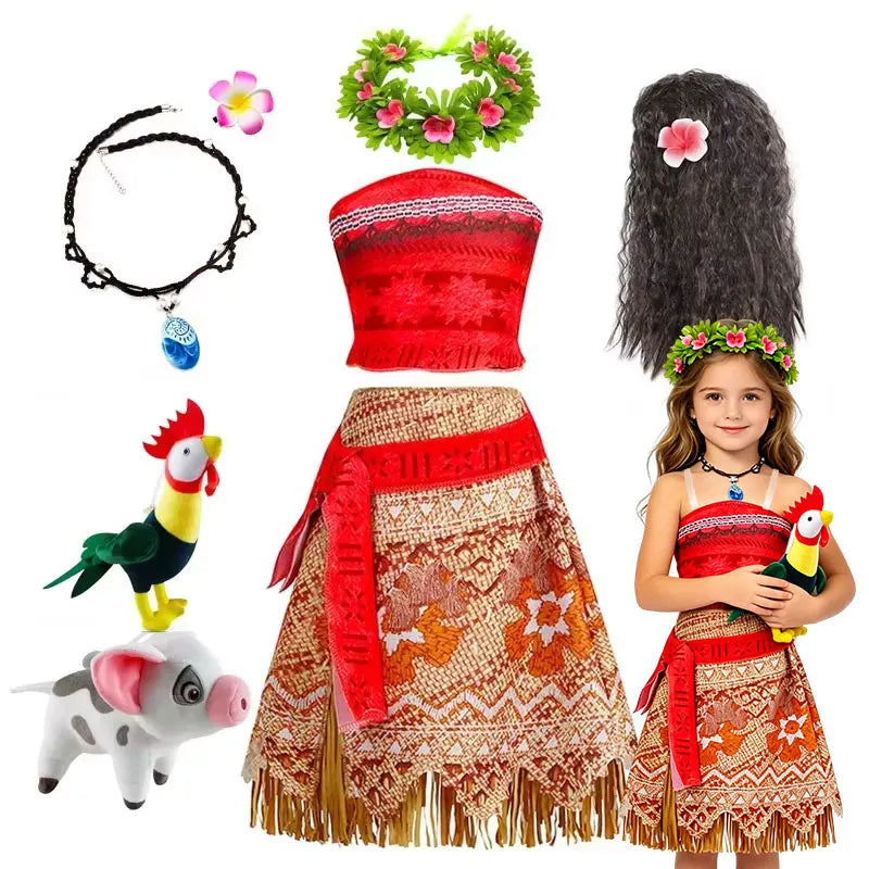 Moana Dress for Kids Girls Princess Vaiana Cosplay Carnival Children Birthday Party Headwear Necklace Pet Pig Chicken Set