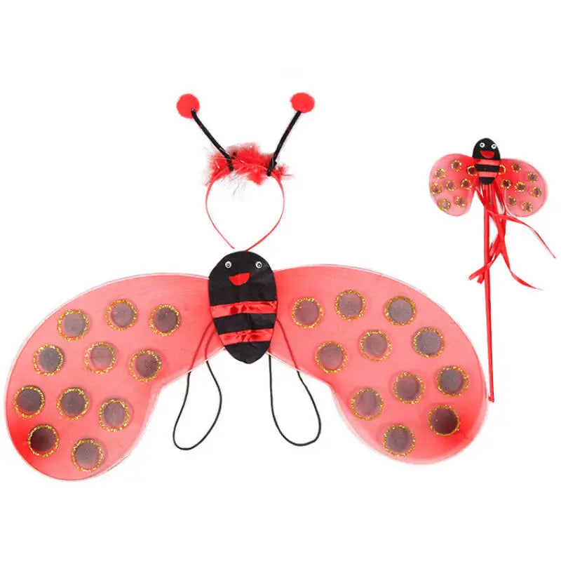 4 Piece Yellow Bee Cosplay Costume Halloween Girls Bee Antennae Headband Hairband Wings Magic Wand Funny Dress Fairy Props Set
