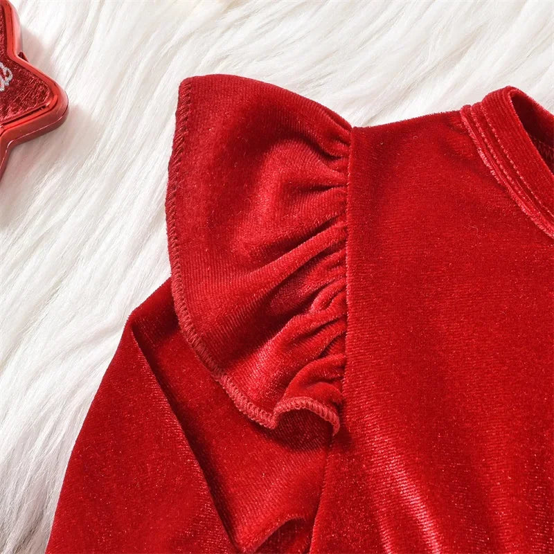 VISgogo 0-18 Months Baby Girls Christmas Velvet Romper Dress Terry Trim Long Sleeve Jumpsuit Santa Hat Adorable Fall Outfits