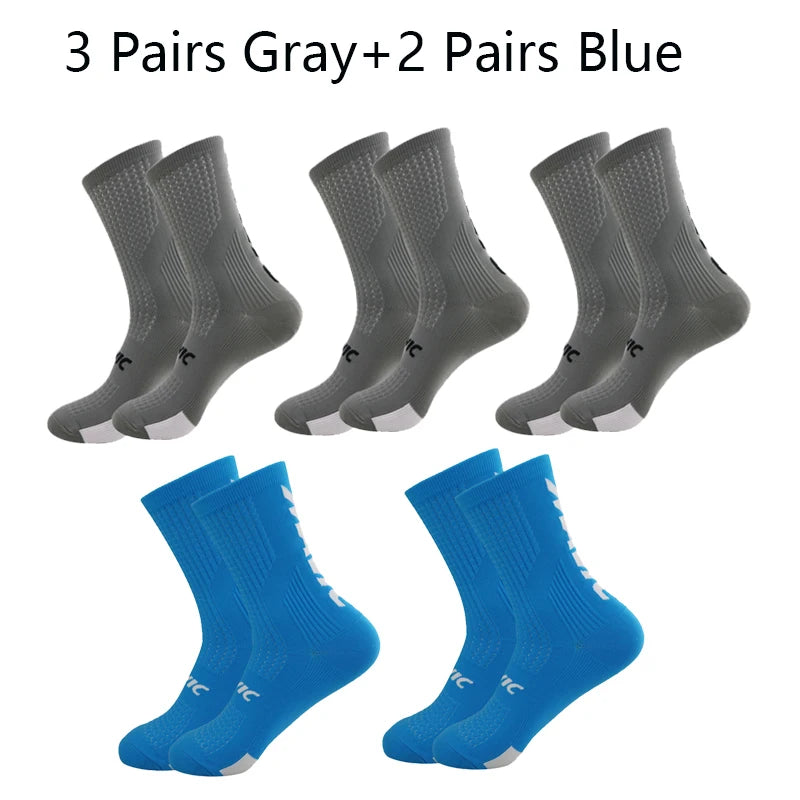 5 Pairs Cycling Socks Men Letter Breathable Bicycle Sport Running Socks Mid Tube Compression Outdoor Racing MTB Road Bike Socks