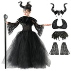 Halloween Costume Fashion Tutu Dress For Girls Cosplay Evil Queen Black Mesh Princess Dress Kids Crow Wand Demon Witch Gown