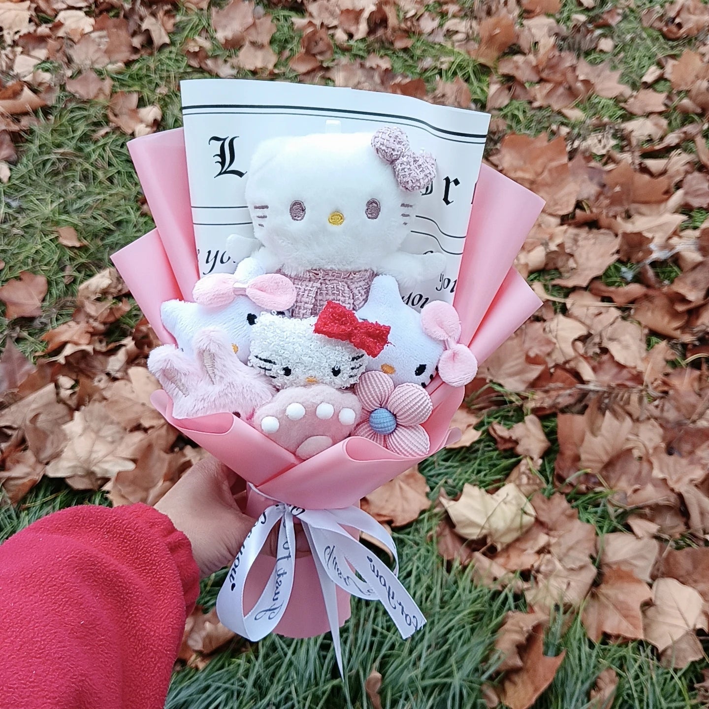 Hello Kitty Plush Bouquet with Rose Kawaii Anime Fluffy Stuffed Plush Doll Christmas Valentine's Day Holiday Birthday Gift