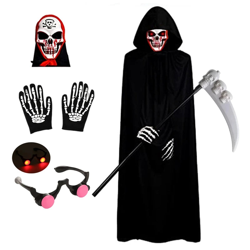 Scary Halloween Costumes for Kids - Red-eyed Reaper Robe with Hood and Scythe Easter Cape with Scythe and Glowing Glasses
