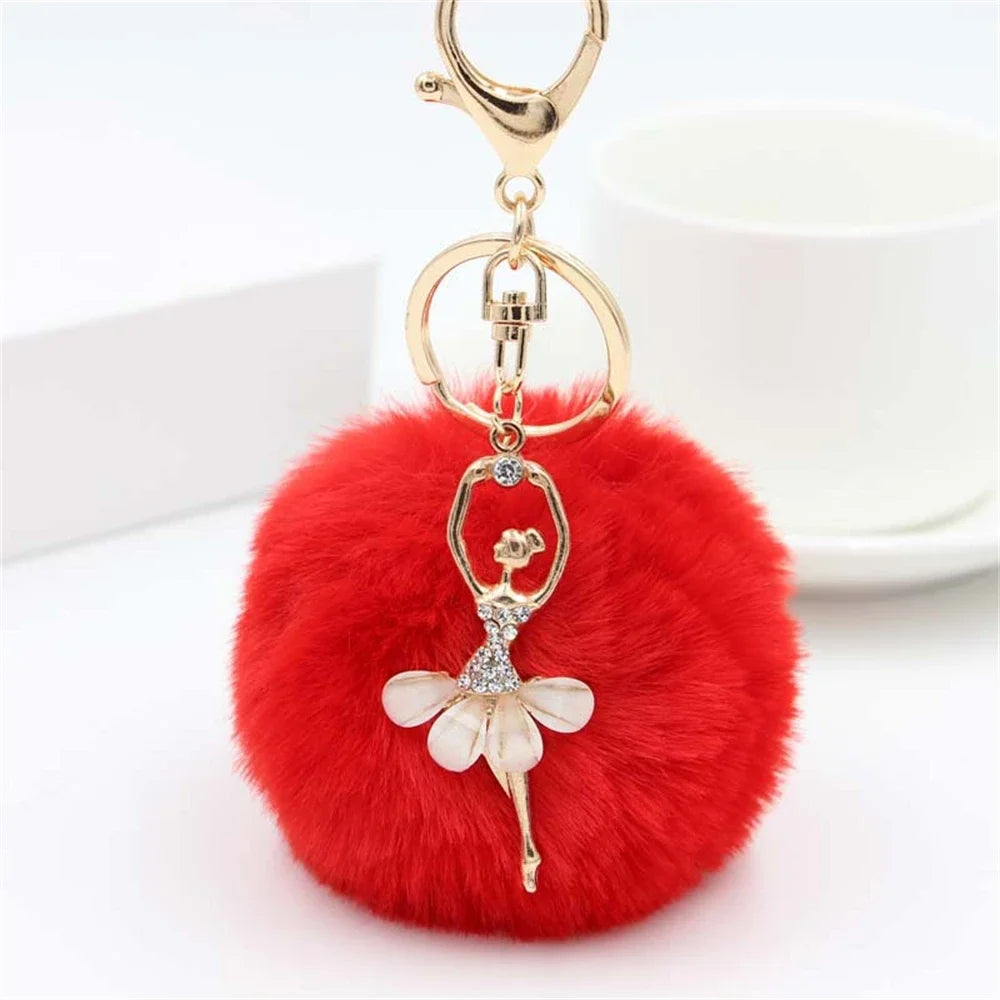 Fashion Rhinestone Ballet Dancer Keychain Cute Plush Ball Keyring for Women Girls Car Handbag Backpack Phone Pendant Accessories