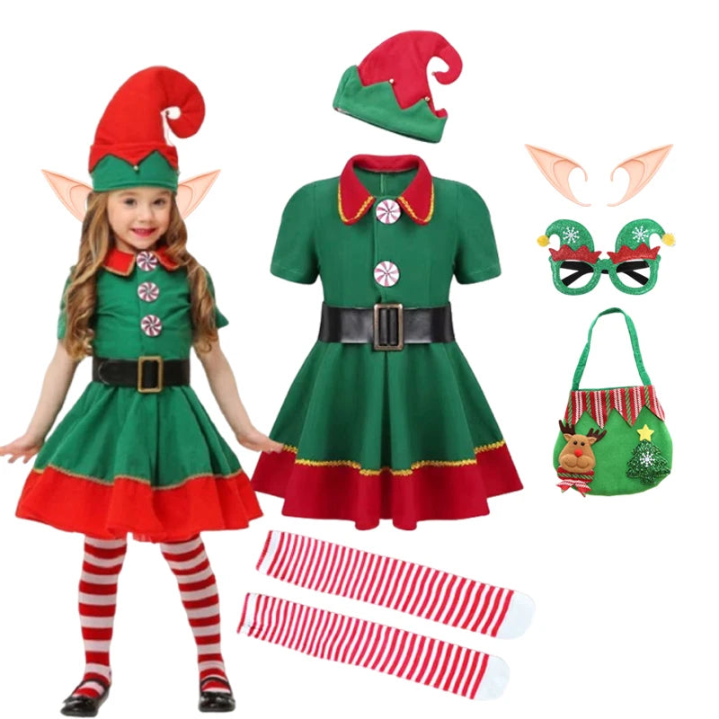 2025 Girl Boy Christmas Elf Costumes Santa Claus Suit Festival Adult Family Halloween Cosplay Sets Green Elves Clothes