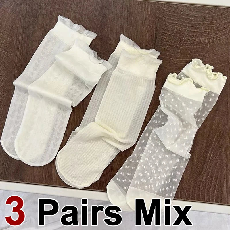 3 Pair Summer Ultra-Thin Lace Mid Tube Socks Breathable Comfortable Fashionable Sweet Lace Lolita Style Pleated Side Casual Sock