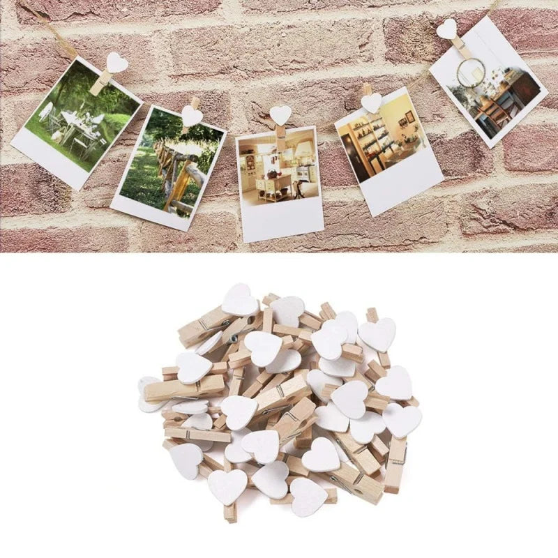 50pcs/pack Heart Clothespins Wooden Photo Paper Peg Pin Craft Clips for Paper Photo Display Hanging Home Party Wedding Decor