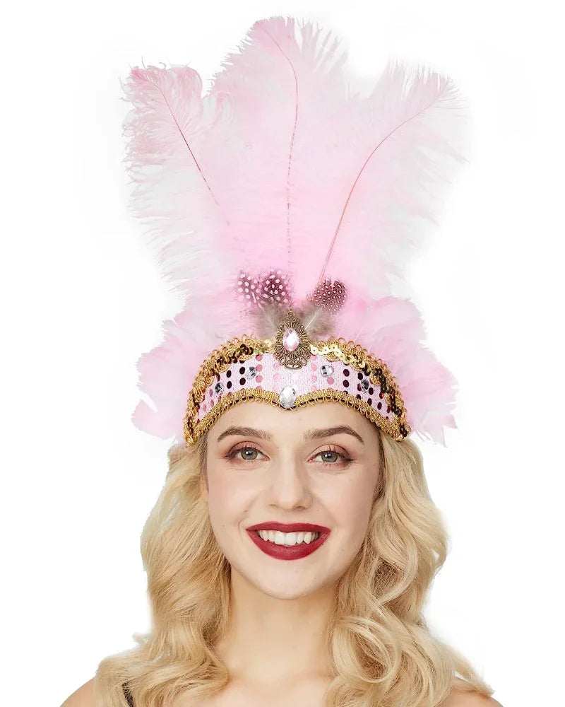 Women Carnival Crystal Crown Feather Headpieces 1920s Flapper Headband Show Girl Feather Headdress Mardi Gras Accessories