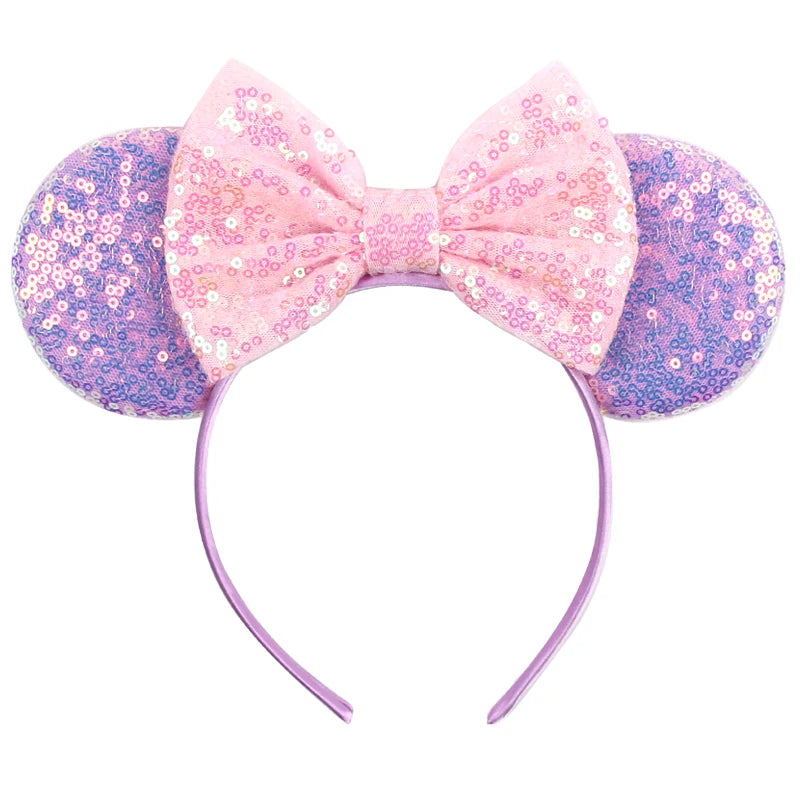 1pc Disney Cute Cartoon Minnie Headband Sequins Ears Bow Hair Hoops Purple Pink Women's Headband for Holiday Party Perfect Gifts