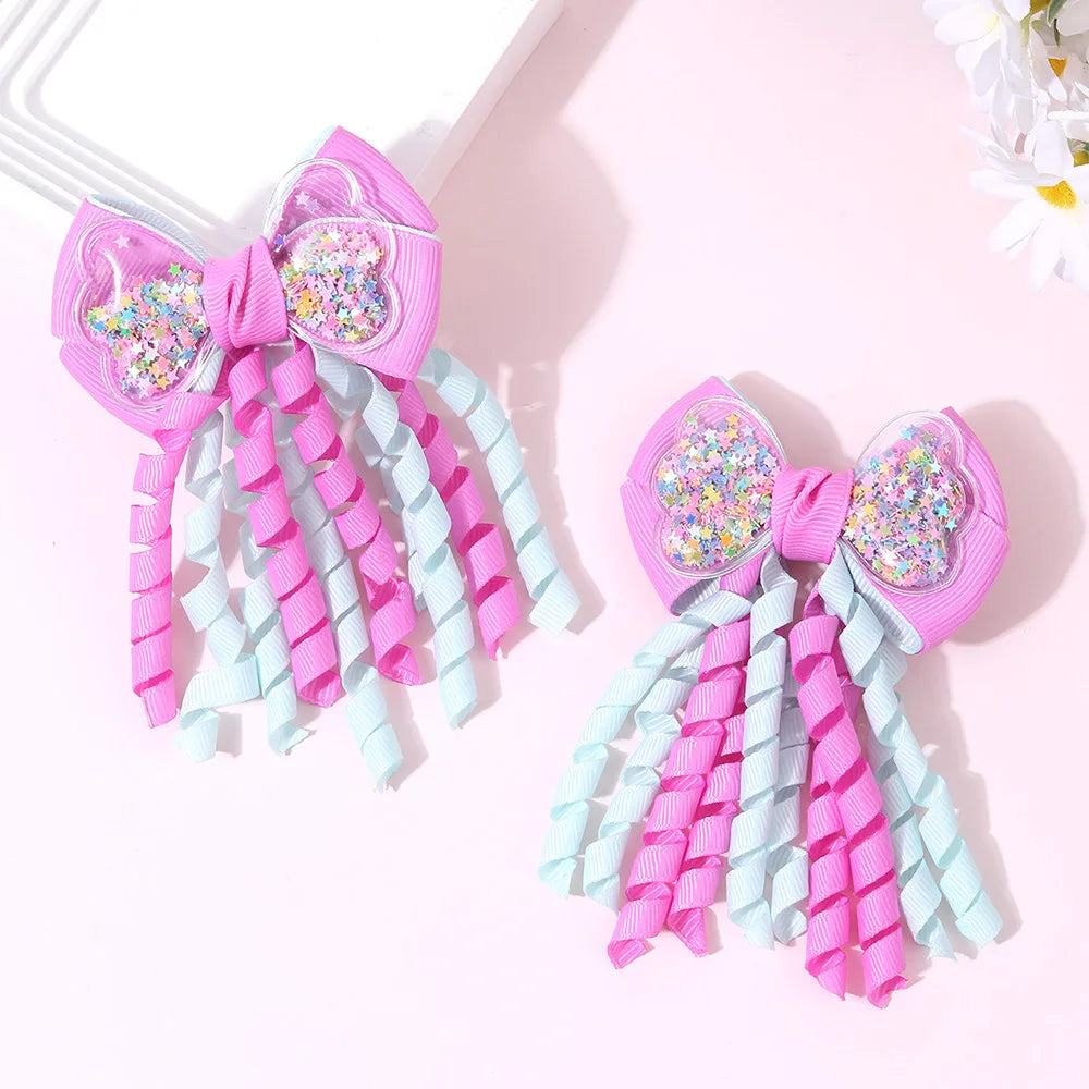 Sweet Unicorn Hair Clips For Girl Bow Barrette Cute Tassel Ribbon Curly Ponytail Hairpins Accessories