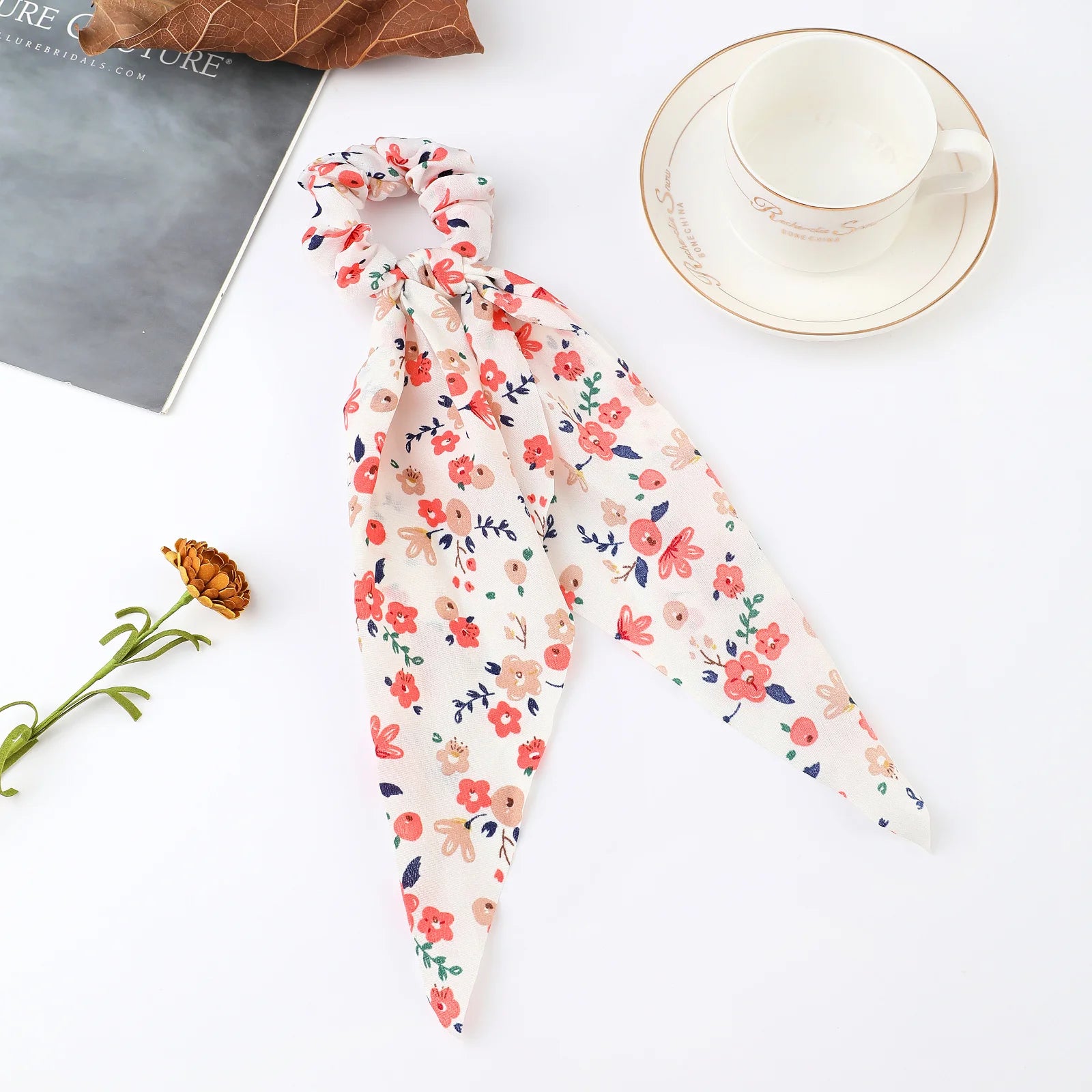 Fashion Flower Print Bow Satin Long Ribbon Ponytail Scarf Tie Scrunchies Women Girls Elastic Bands Hair Accessories