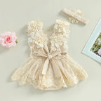 0-18M Infant Baby Girls Princess Romper Dress Summer Sleeveless Square Neck Floral Lace Bodysuits with Headband Sets Outfits