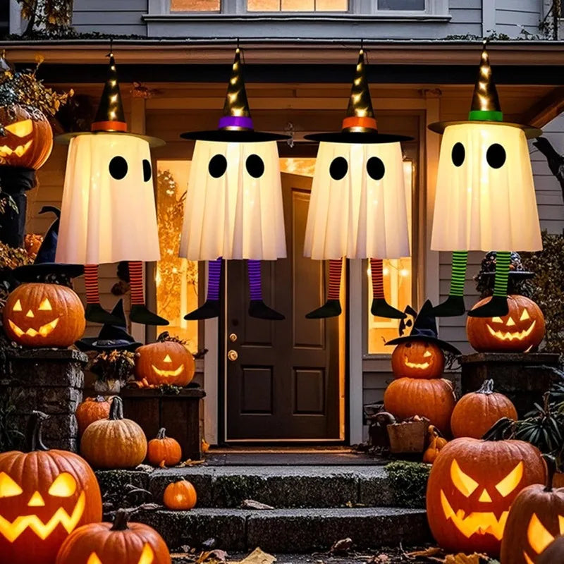 Halloween Hanging Ghost Decorations, Outdoor Halloween Witches Hat Lights, Glowing Ghosts for Garden Trees, Yard Halloween Decor