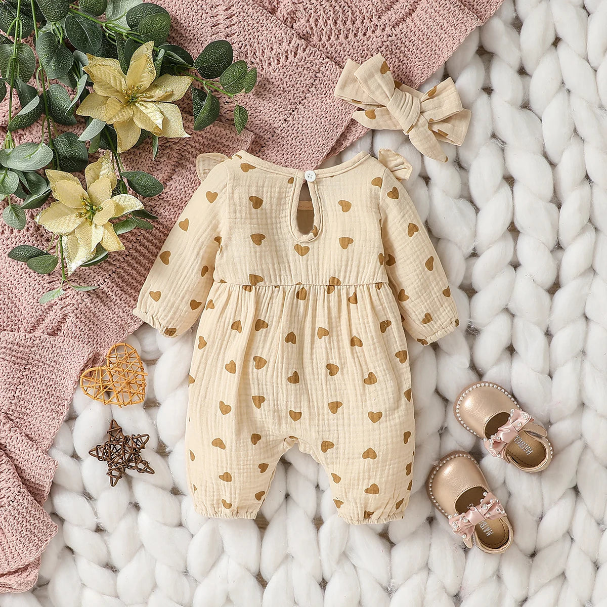 Baby Girls Summer Long Sleeve Printing Love With Bowknot  For Casual Daily Cotton Jumpsuit