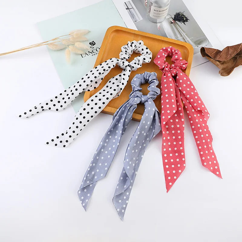 Fashion Flower Print Bow Satin Long Ribbon Ponytail Scarf Tie Scrunchies Women Girls Elastic Bands Hair Accessories