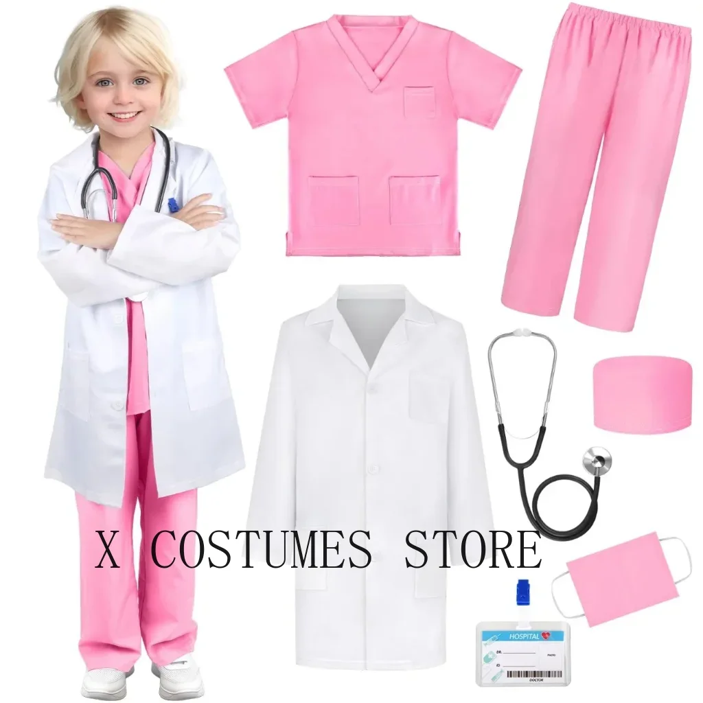 Kids Doctor Nurse Cosplay Costume, V Neck Surgical Uniform for Boys Girls, Halloween Party Role Play Dress Up Outfit