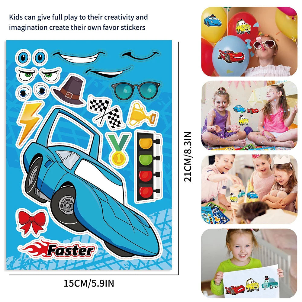8/16sheets Cool Lightning McQueen DIY Puzzle Stickers Disney Cars Decals Children Make A Face Assemble Sticker Fun for Kids Gift