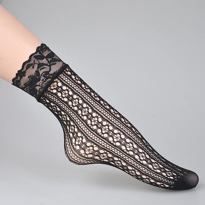 6-Pair /Set Summer Black White Sexy Lace Socks Thin Hollow Jacquard Fishing Net Short Stockings