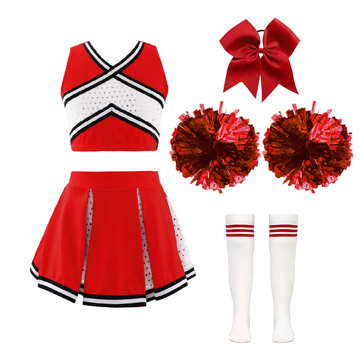 Girl Cosplay Cheerleader Costume Cheerleading Uniform Outfit Sequins Crop Top Skirt with Socks School Girls Dancewear Sets