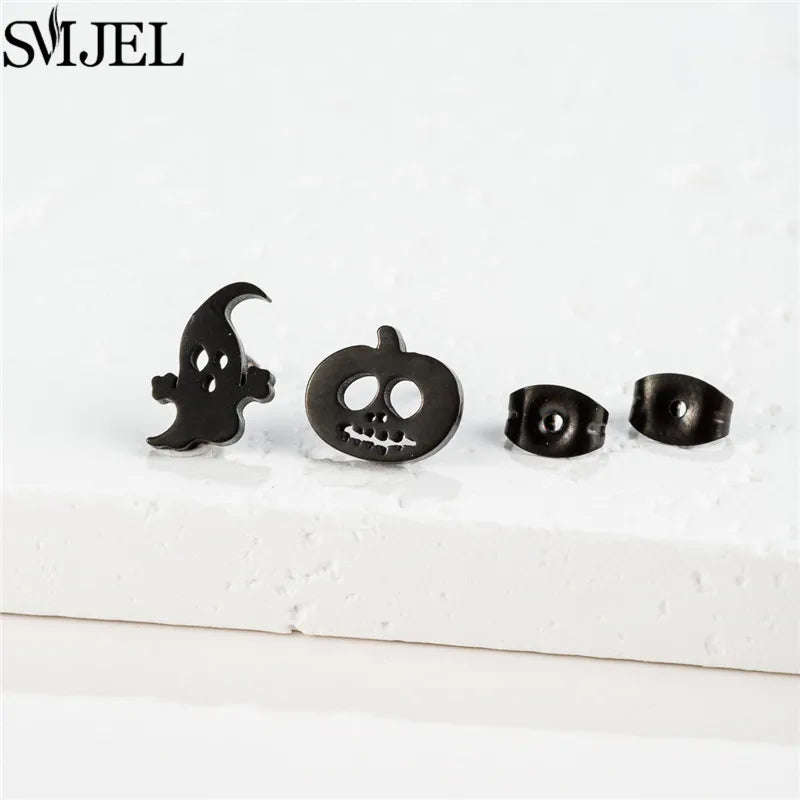 Punk Halloween Earring Black Stainless Steel Ghost Pirate Skull Stud Earrings Women Men Goth Pumpkin Spider Bat Ear Jewelry Gift