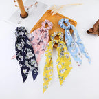 Fashion Flower Print Bow Satin Long Ribbon Ponytail Scarf Tie Scrunchies Women Girls Elastic Bands Hair Accessories