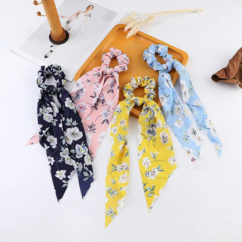 Fashion Flower Print Bow Satin Long Ribbon Ponytail Scarf Tie Scrunchies Women Girls Elastic Bands Hair Accessories